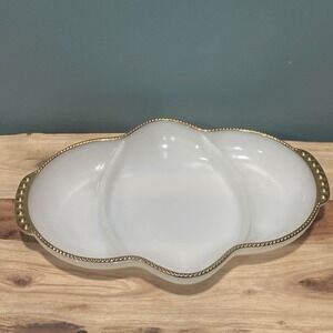 Vintage Fire King White Milk Glass Gold Trim Divided Dish Anchor Hocking USA